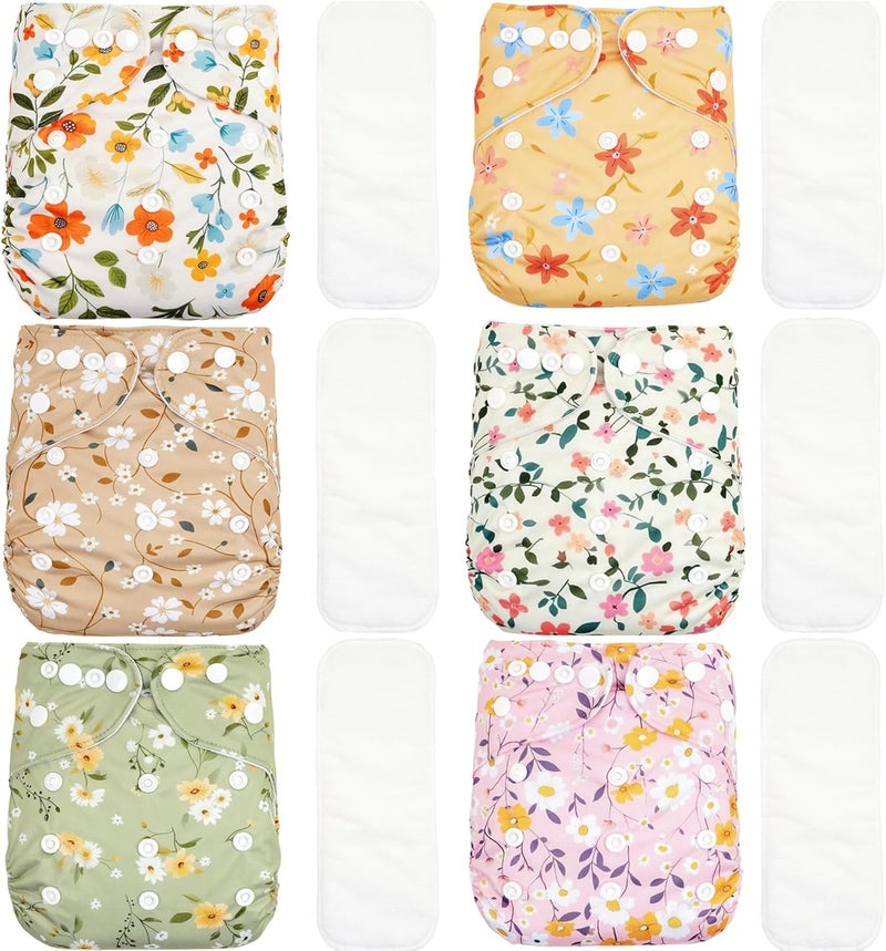 CoolaPeach 12 Set Reusable Adjustable Cloth Diapers for Newborn to 0-3 Years,One Size Washable Pocket Nappy Covers for Baby Girl and Boy,6 Pack Cloth Diapers+6pcs Microfiber Inserts (NCP05) - Image 1